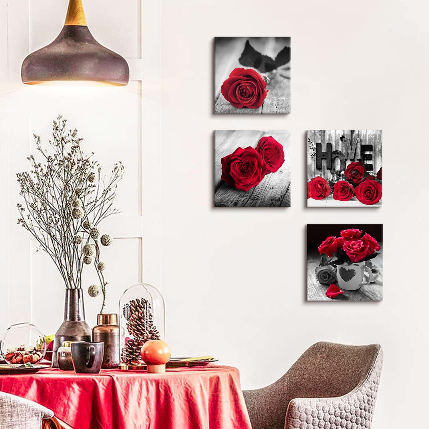 Red Wall Decor for Bedroom Red Bathroom Accessories Black and White Canvas Wall Art Rose Pictures for Living Room Home Decorations Flower Painting Couples Bedroom Kitchen Modern Artwork 12x12"4Pcs/Set