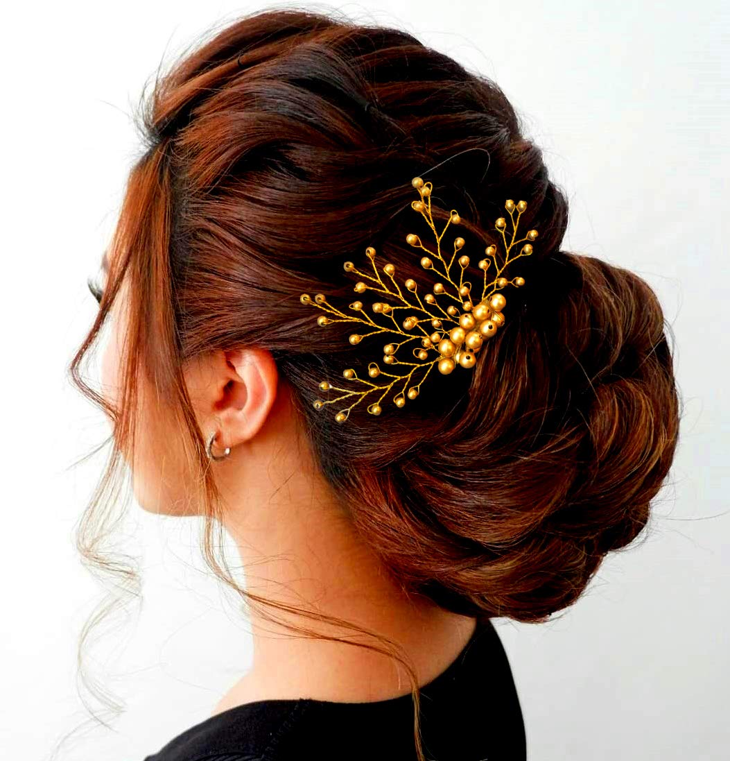 Hair Flare Comb Slide Hair Accessories for Women 1843 Pearl Hair Pin (Gold) Medium