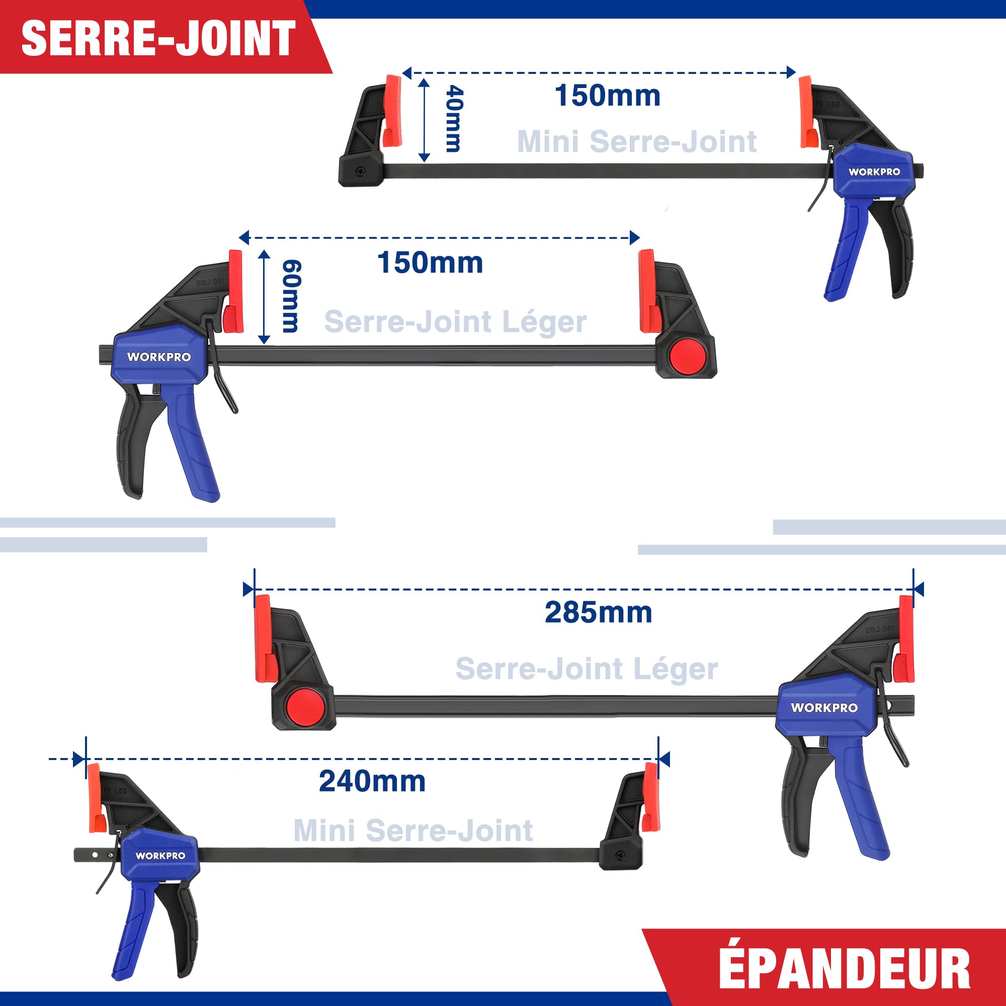 WORKPRO Lot de 6 serre-joints à une main 150 mm Force de serrage 22,5 kg/68 kg Envergure 150 mm 4 classiques et 2 mini serre-joints pour une fixation précise et le travail du bois