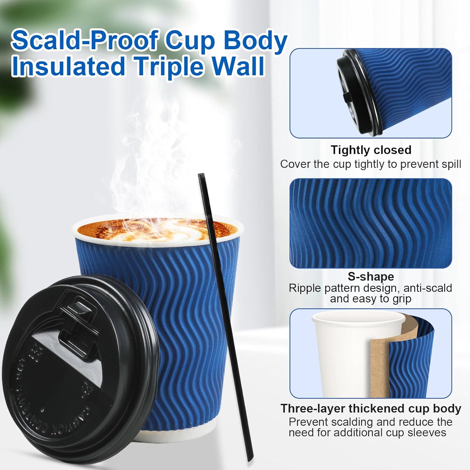 Coffee Cups, 100 Pack 12 oz Disposable Blue Insulated Paper Cups, Corrugated Kraft Ripple Wall Cup, Comes With Lids and Straws, Suitable for Hot and Cold Drinks