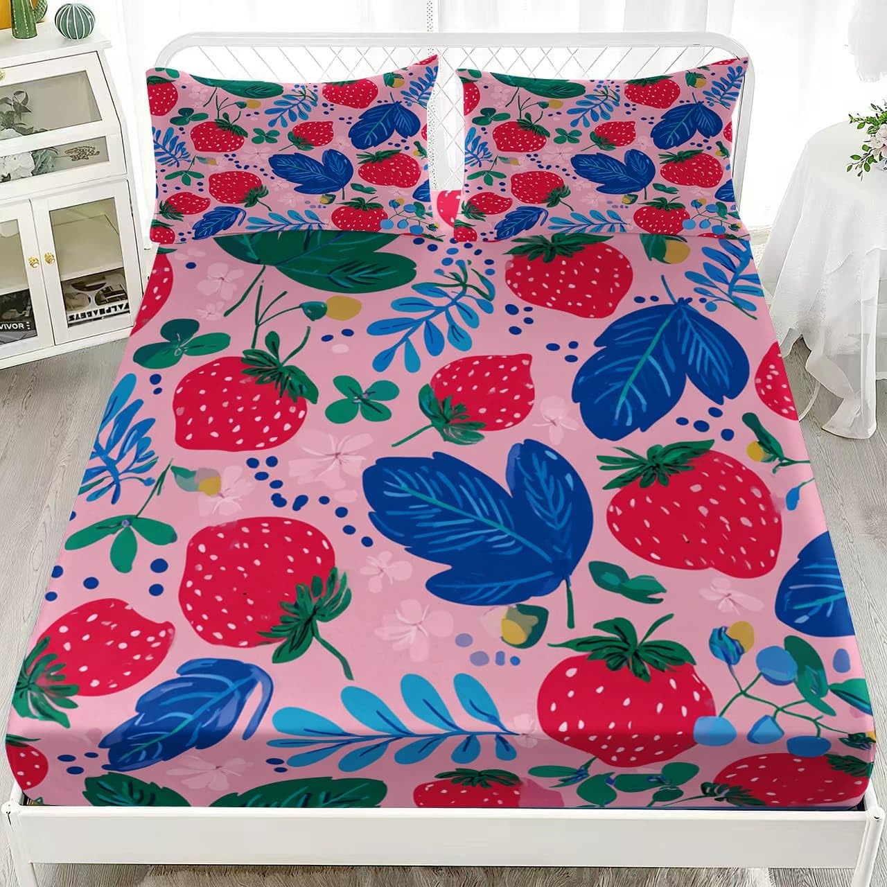 Lot de 3 Draps Housses 160x200 cm Fraise Aux Fruits Enfantins Doux et Respirant Parure de Lit Draps Housses Rose avec 2 Taies d'oreillers, pour Enfant Adolescent et Adulte