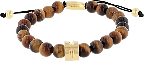 Pulsera Bolo de nailon ajustable con cuentas de ojo de tigre marrón de acero inoxidable de color oro amarillo para hombre, 8-12"-11-12", Piedra