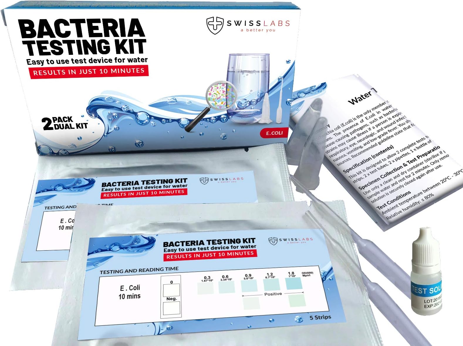 Test Kit for Bacteria (E-Coli) in Water, Easily Check For Harmful Coliforms with Results in 10 Minutes And No Lab Analysis Required (2 pack)