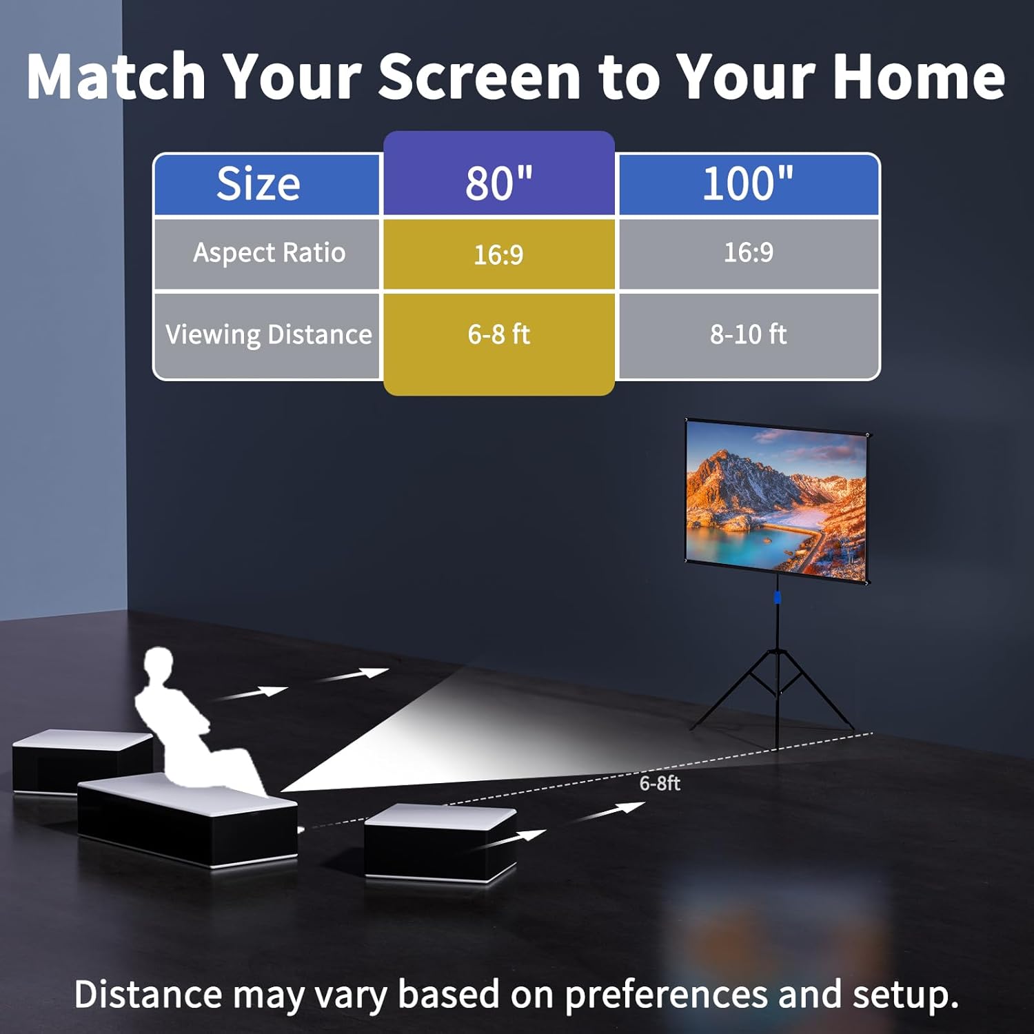 WASJOYE 80" Proiector Screen with Stand - 16:9 4K HD Portable Proiector Screen, 1.2 Gain Indoor Projector Screen, Easy Setup and Carrying, for Home Cinema, Backyard Party Office TV Game