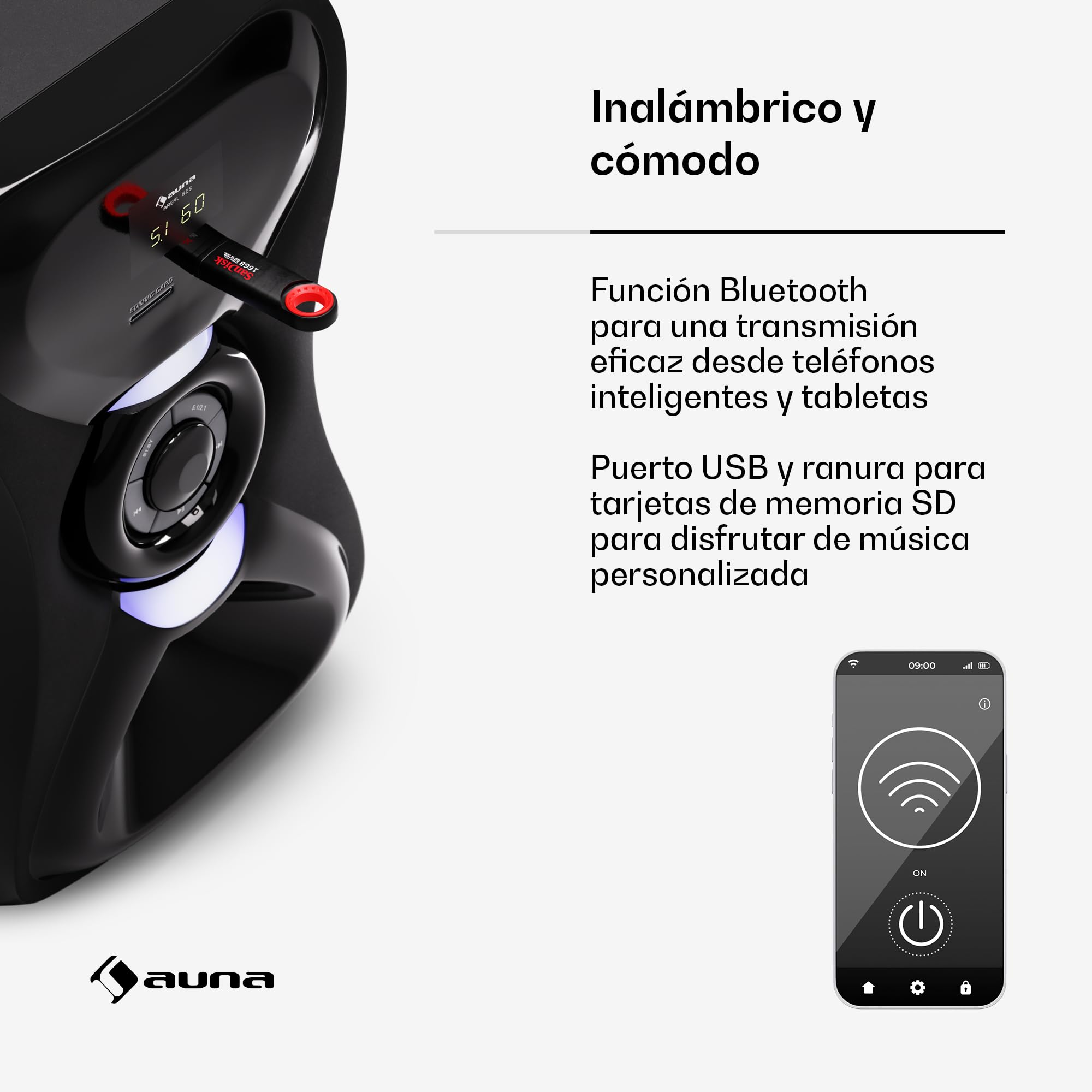 AUNA Areal 825 Sistema de Cine en Casa 5.1 Inalámbrico - Bluetooth, Subwoofer 100W, Iluminación RGB, Puertos USB/SD, Entrada AUX y Óptica, Altavoces con Mando a Distancia