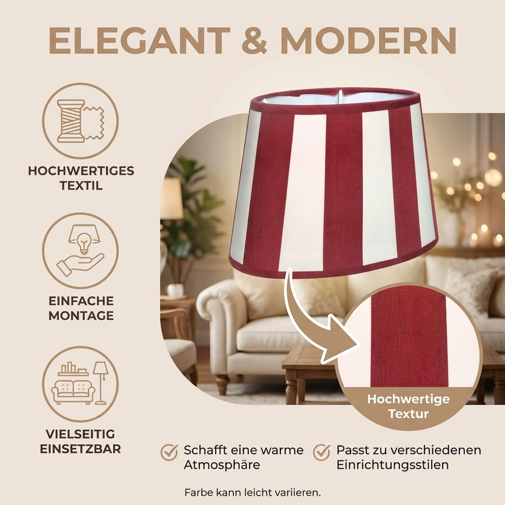 Pantalla para lámpara de mesa, diseño de rayas, casquillo E14, casquillo E27, máximo 40 W (vino/crema)