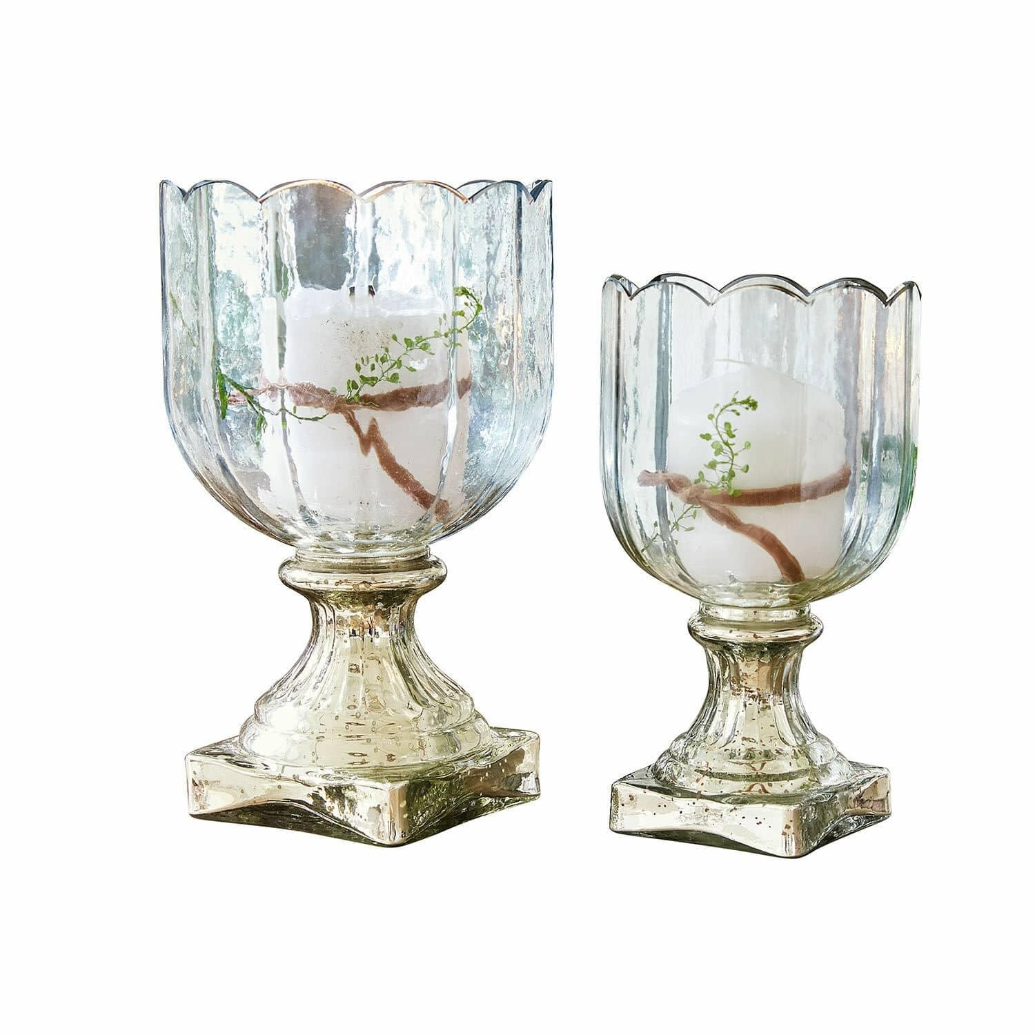 Loberon Windlicht 2er Set Jovique, klar/Silber | Zwei Größen, Blumige Form, mit Bauernsilber-Finish, Mundgeblasen, Dekoration, Kerzenhalter, Glas