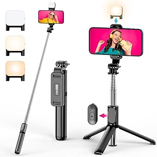 Selfie Stick Tripod with Fill Light, All in One Extendable Selfie Stick with Detachable Wireless Remote, Flexible Phone Tripod Stand Compatible with iPhone/Galaxy, Compact Size & Lightweight