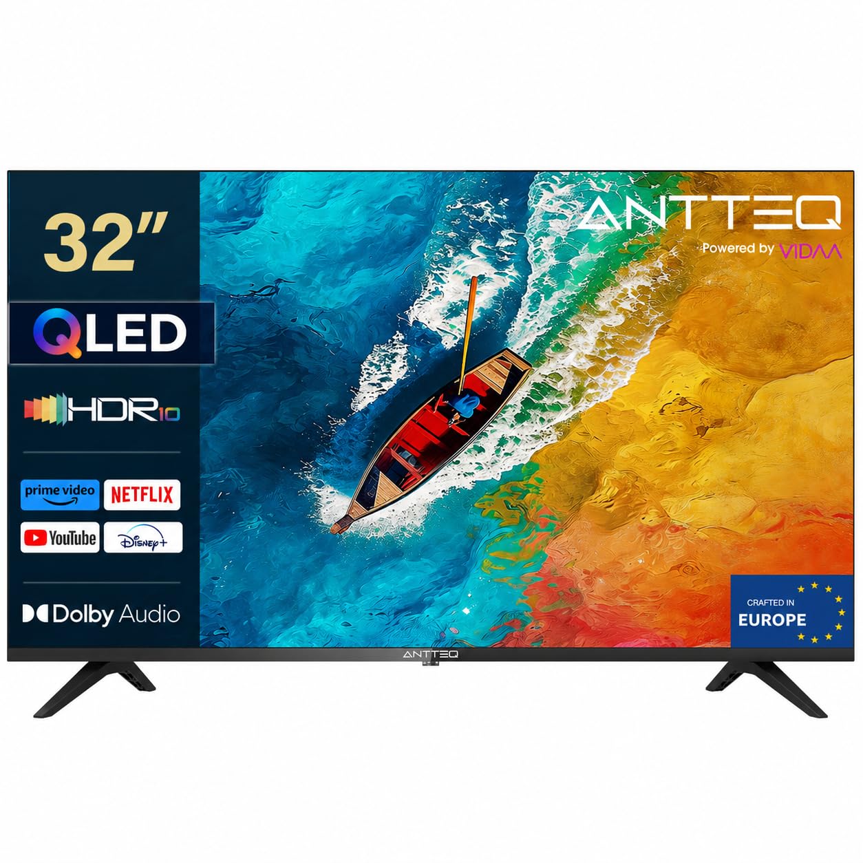 Antteq AV32H5Q Televisore 32 Pollici QLED Smart TV Bluetooth con Triplo Tuner HD (DVB-C/-S2/-T2)，App Store, Netflix, Prime Video, Rakuten TV, DAZN, YouTube, e altro