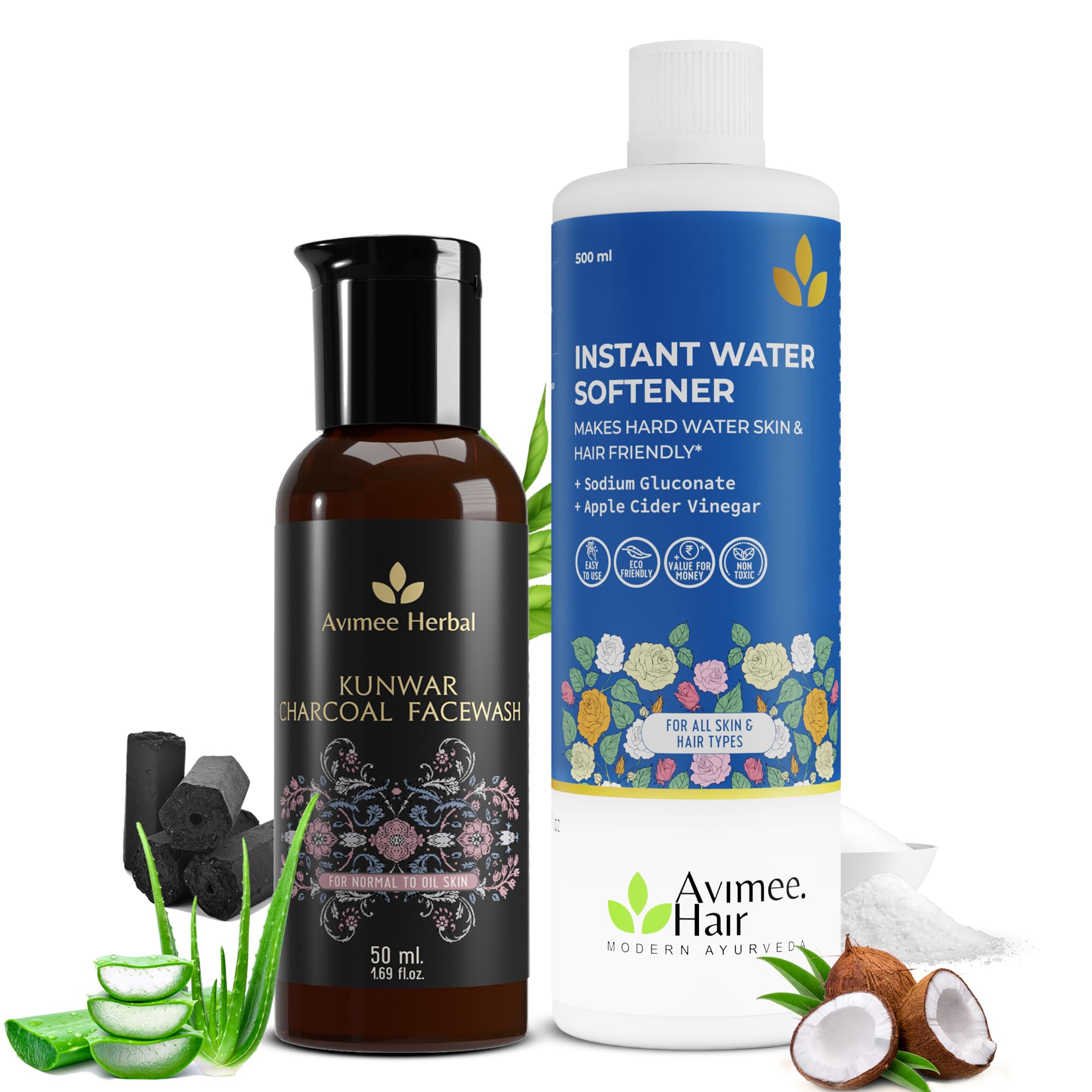 Avimee Herbal Instant Water Softener,400 ml | Makes Your Water Hair & Skin Friendly | Reduces Hair Fall & Skin Itching | Disables Hardness & Maintains pH Level | Kunwar Charcoal Facewash, 50 ml (Combo)