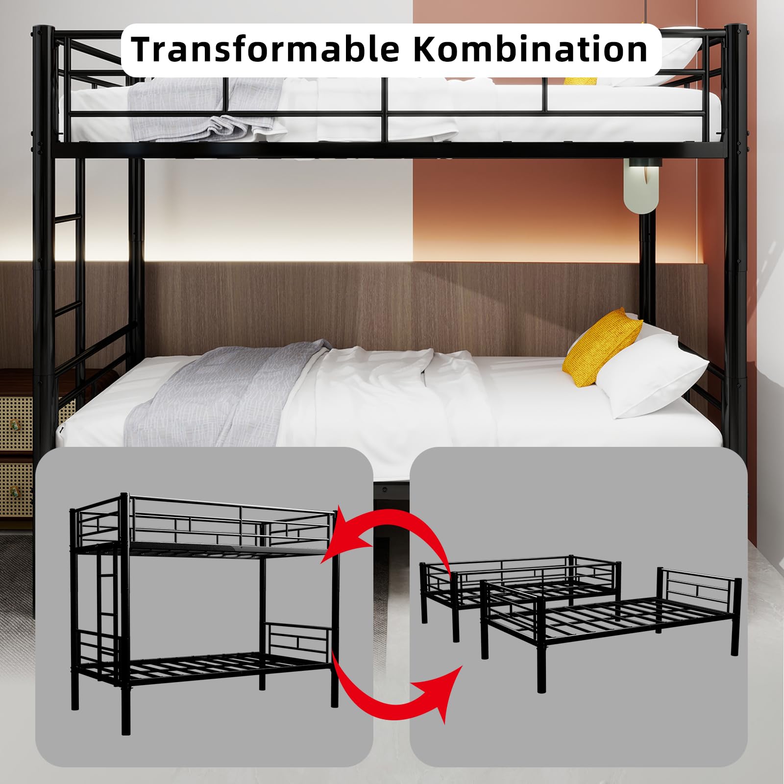 Kinder Hochbett, Metall Etagenbett, Heavy Duty Metallbett Rahmen, etagenbett Twin Over Full mit Leiter & Full-Länge Geländer für Jugendliche Erwachsene, Lärm frei (Schwarz A, 90x190CM)