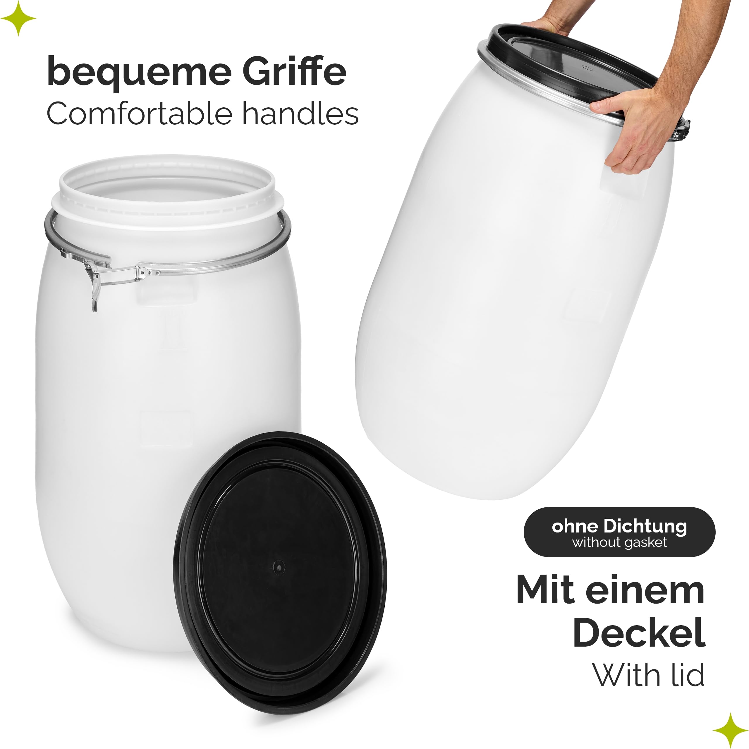 Garronda Set 2X 120 Liter Deckelfass Weithalsfass aus HDPE Regenfass für Garten Fass Regenwassertonne Futtertonne Universalfass Wasserfass Regentonne Lebensmittelfass Wassertank GD-0123 Weiß