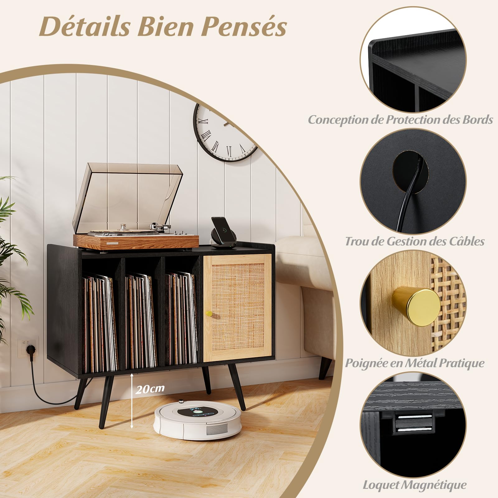 COSTWAY Meuble Vinyle avec Prise, Rangement Vinyle pour 220 Albums, Rangement CD/DVD Manga, Armoire à Porte Cannage,Support pour Tourne-disque, Meuble Hifi pour Salon, Chambre (Noir)