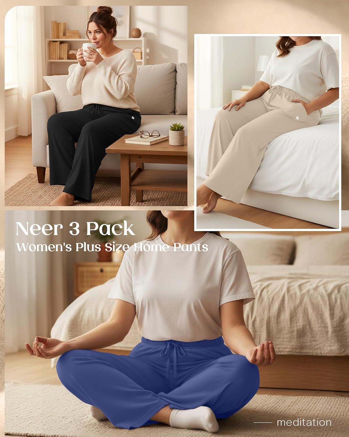 Neer 3 Pack Women's Plus Size Pants, Wide Leg Casual Cotton High Waist Sweatpants Lounge Drawstring Trousers with Pockets(Black, Apricot, Denim Blue,XX-Large) - Image 2