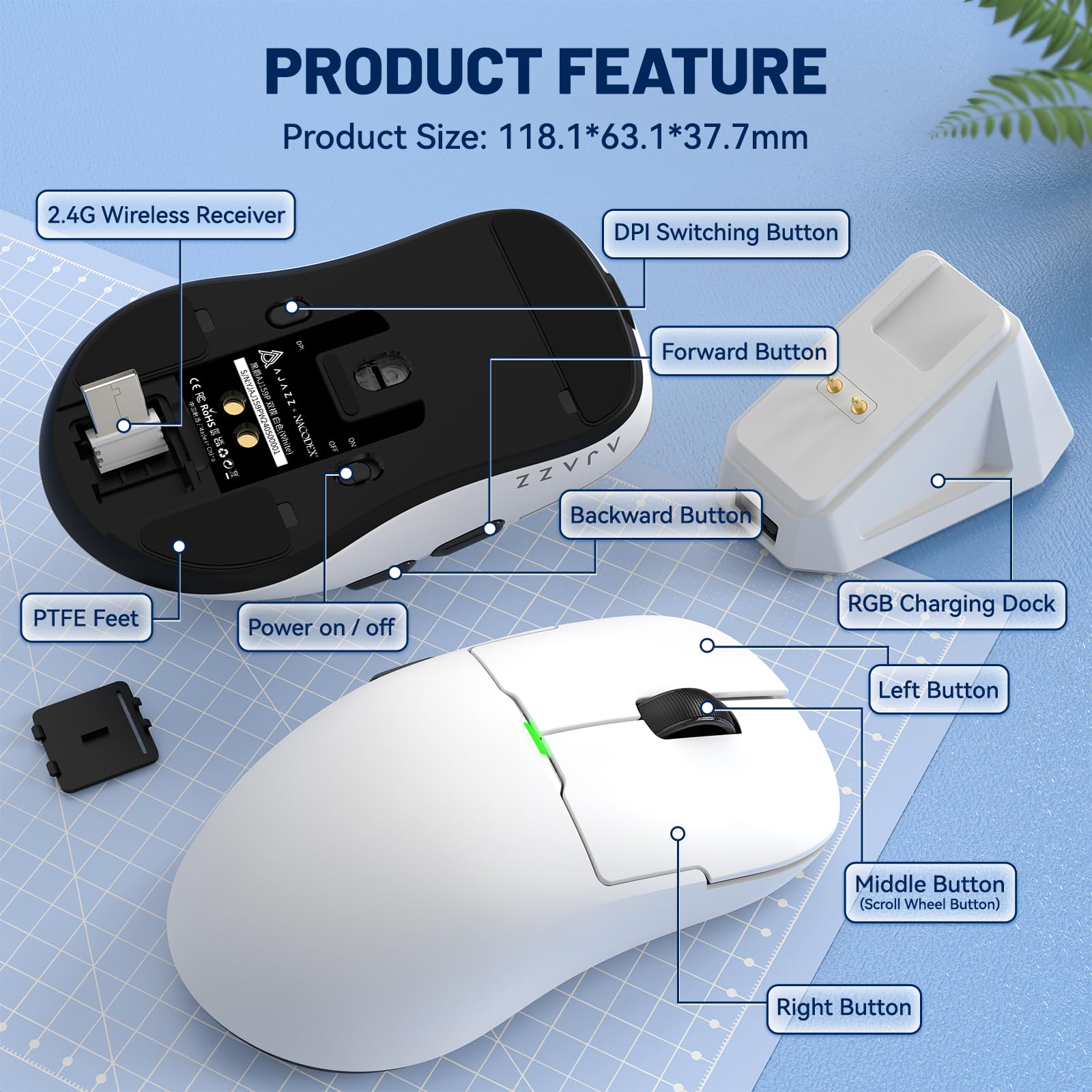 MAGIC-REFINER X AJAZZ Ratón Inalámbrico para Juegos AJ159P Superlight con Base De Carga Magnética RGB, 2.4G/USB-C, Sensor PAW3395, 26000DPI, 6 Botones Programables, Batería De 200 Horas para PC/Mac