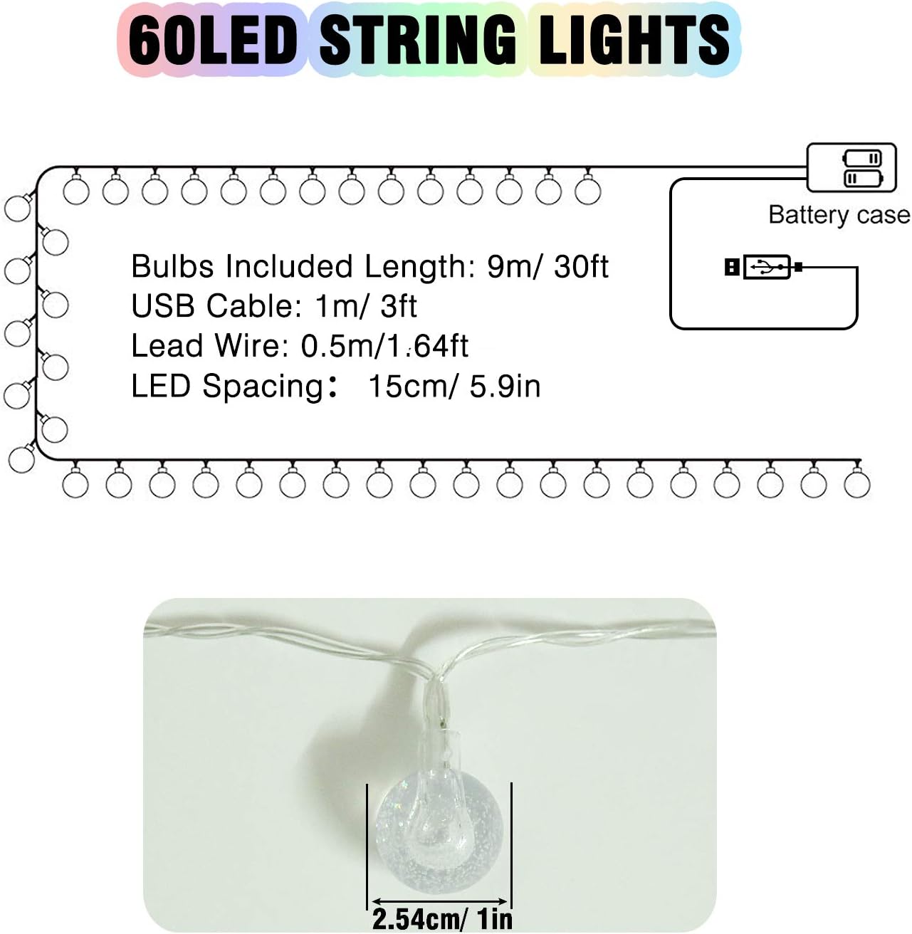 Aluan Globe String Lights Christmas Lights Battery Operated 30ft 60LED USB Fairy Lights 8 Modes Hanging Lights for Home Bedroom Wall Wedding Party Indoor Outdoor, Multicolor