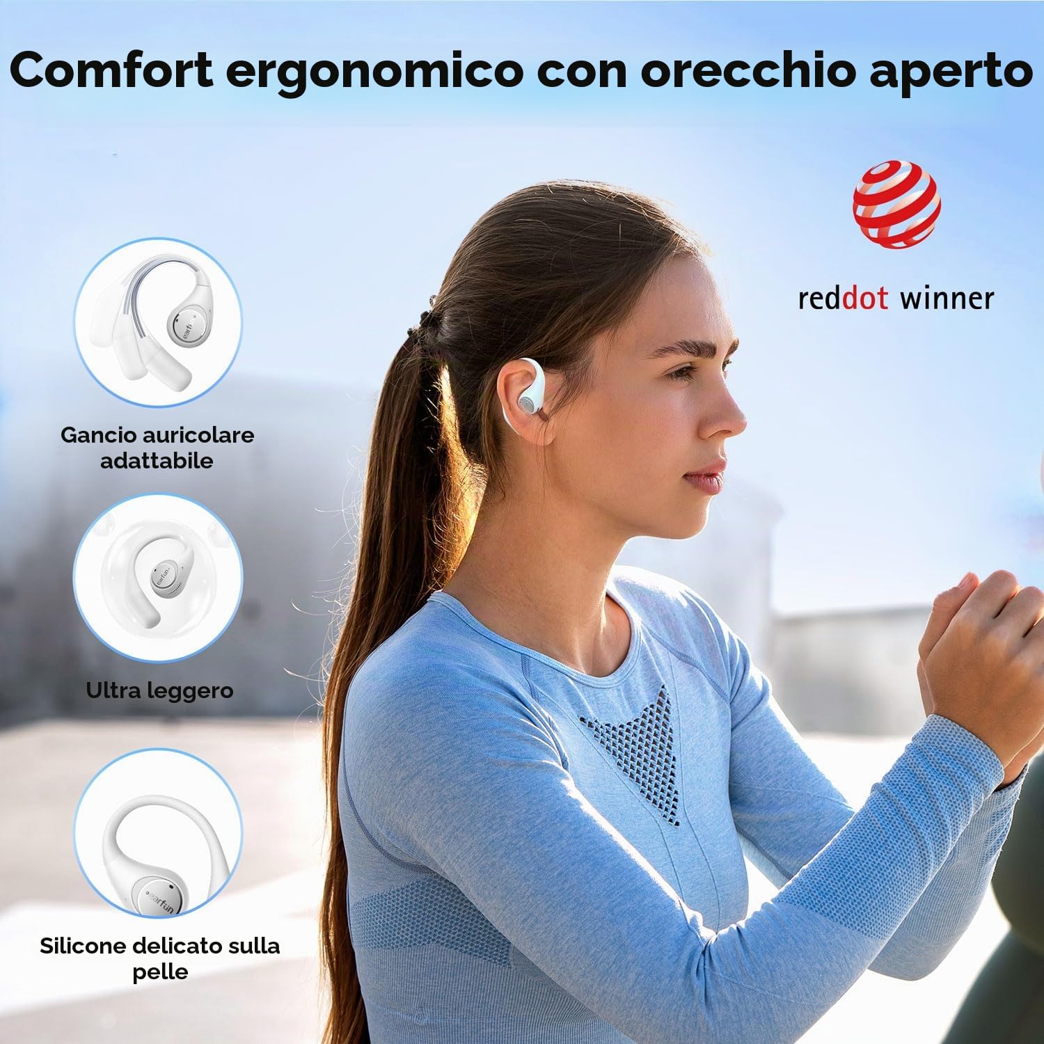 EarFun OpenJump Cuffie Open-Ear Sport, Auricolari Wireless Bluetooth | Hi-Res Audio, LDAC,42 Ore, Ricarica Wireless, Chiamate Chiare IA, Modalità Gioco, Connessione Multipunto, IPX7, Bianco