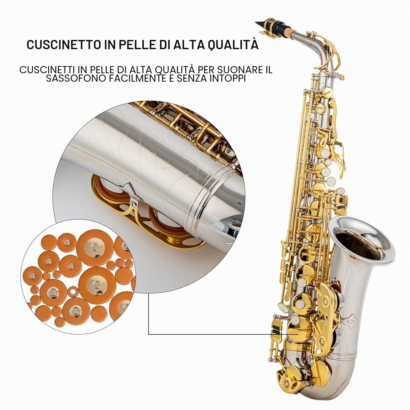 Alto Saxophone,Eb Sassofono contralto Ottone E Flat Sax 802 Tipo di chiave Strumento a fiato con asta di pulizia Guanti di stoffa Cinturino Custodia imbottita