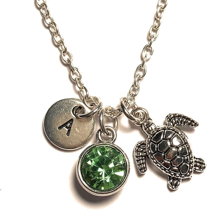 Turtle Necklace Initial Letter Birthstone Silver Charm