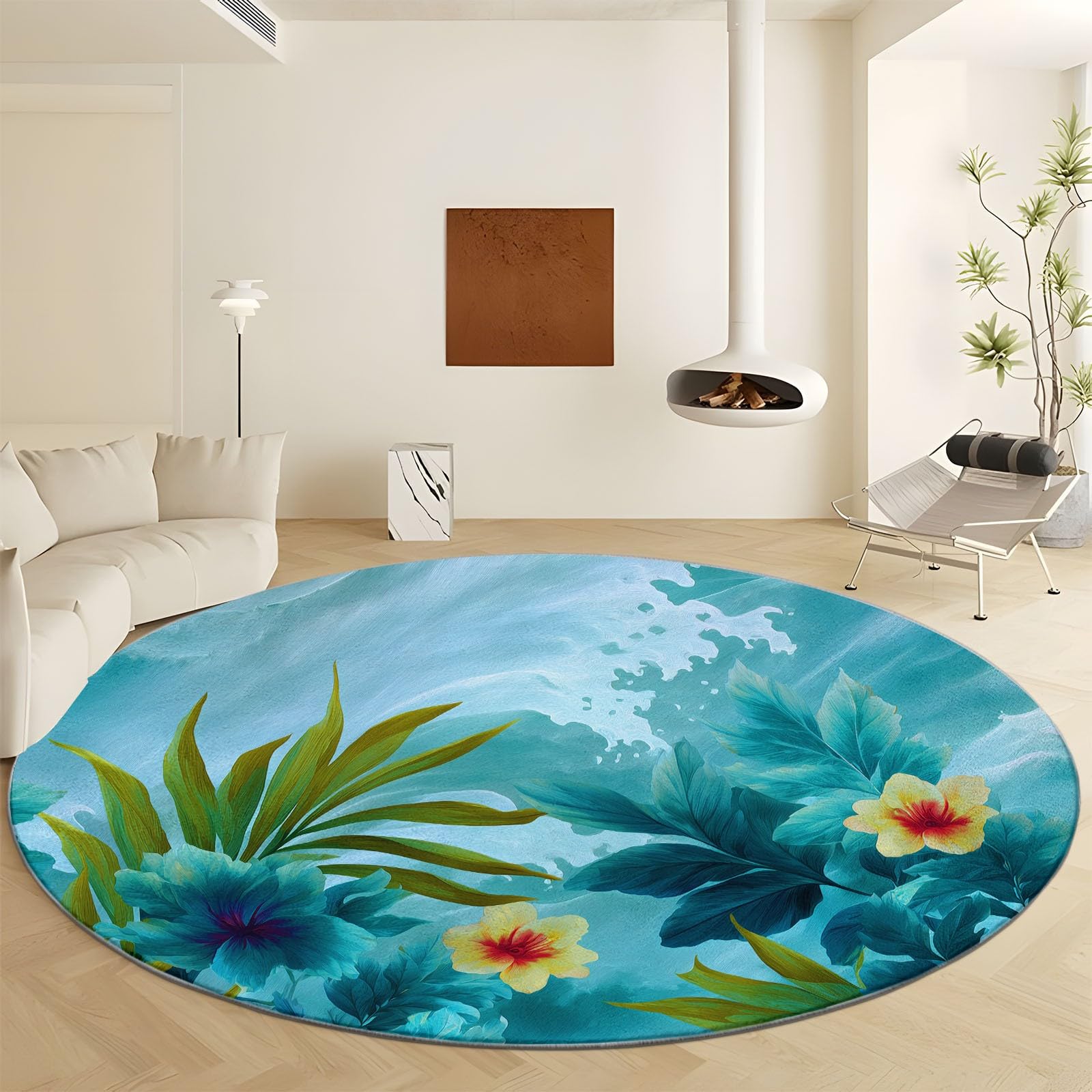 Tapis Rond Motif Feuilles Et Fleurs Tropicales Vagues De L'Océan Lavable en Machine Antidérapant 160 cm, Tapis Rond Aquarelle pour Chambre à Coucher Cuisine Salle de Bain Chambre d'enfant Salon