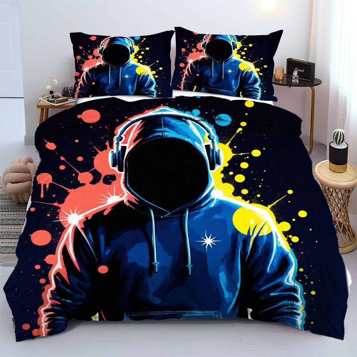 Linge de lit 220x240 cm écouteurs colorés avec housse de couette sobre