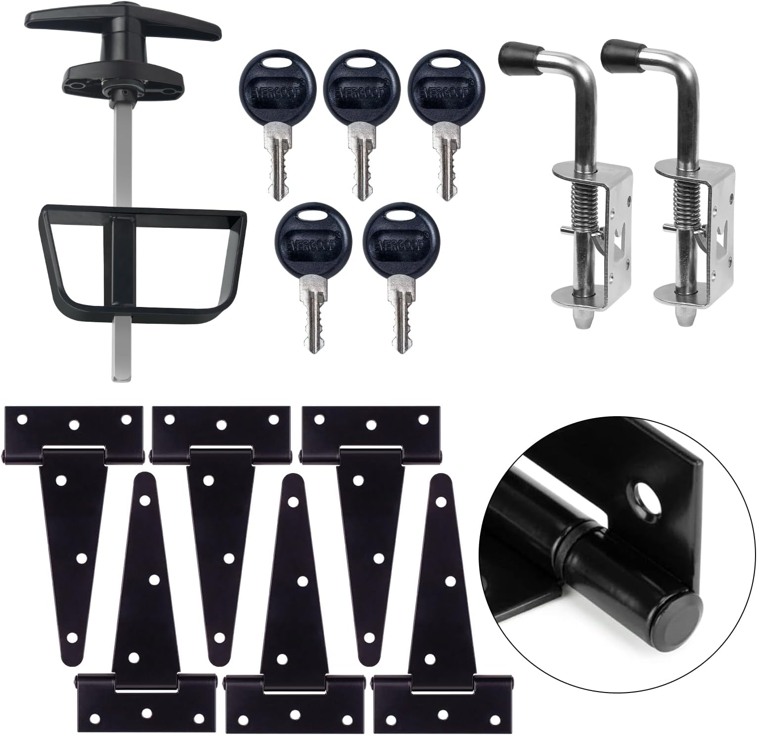 6" Shed Door Hardware Kit with T-Handle Lock & 5 Keys - 6 Hinges, 2 Barrel Bolts - Iron Gate Hardware Set, Black Powder Coated by [BTEOBFY]