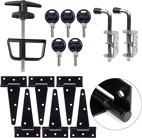 Herrajes para puerta de cobertizo, completo con bisagras, pestillos y cerradura de manija en T, incluye juego de bisagras para ventana y