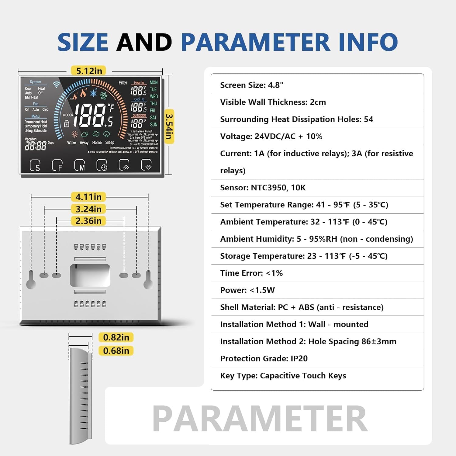 BSEED Smart Thermostat Size and Parameter Information