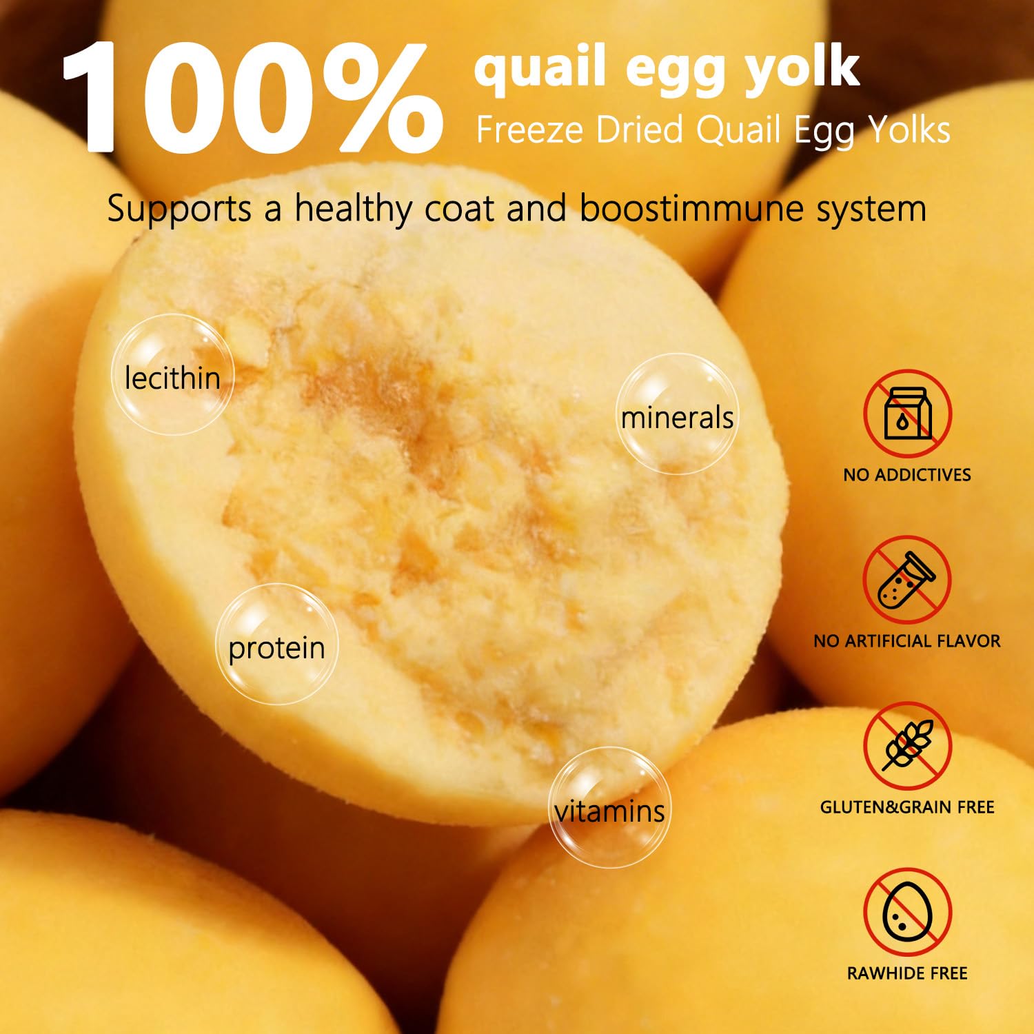 Jaune d'œuf de caille lyophilisé (200 g), Une friandise Quotidienne pour Chats et Chiens, Snack 100% Naturel, sans additifs, adapté au Dressage et au Soin du Pelage.