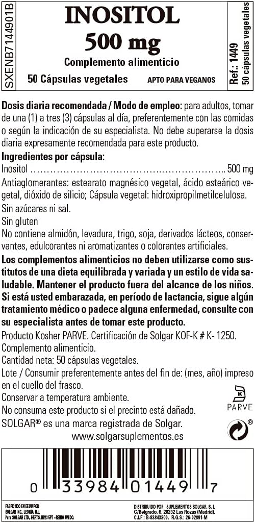 Solgar Inositol Vegetable Capsules, 500 mg, 50 Count : Health & Household