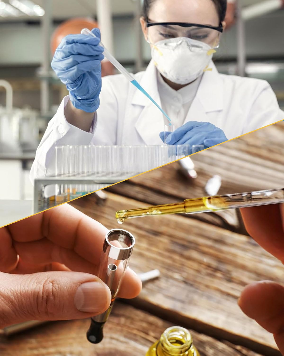 Fiale da laboratorio in vetro trasparente 65 mm con cucchiaio, imbuti e contagocce, 3 pezzi