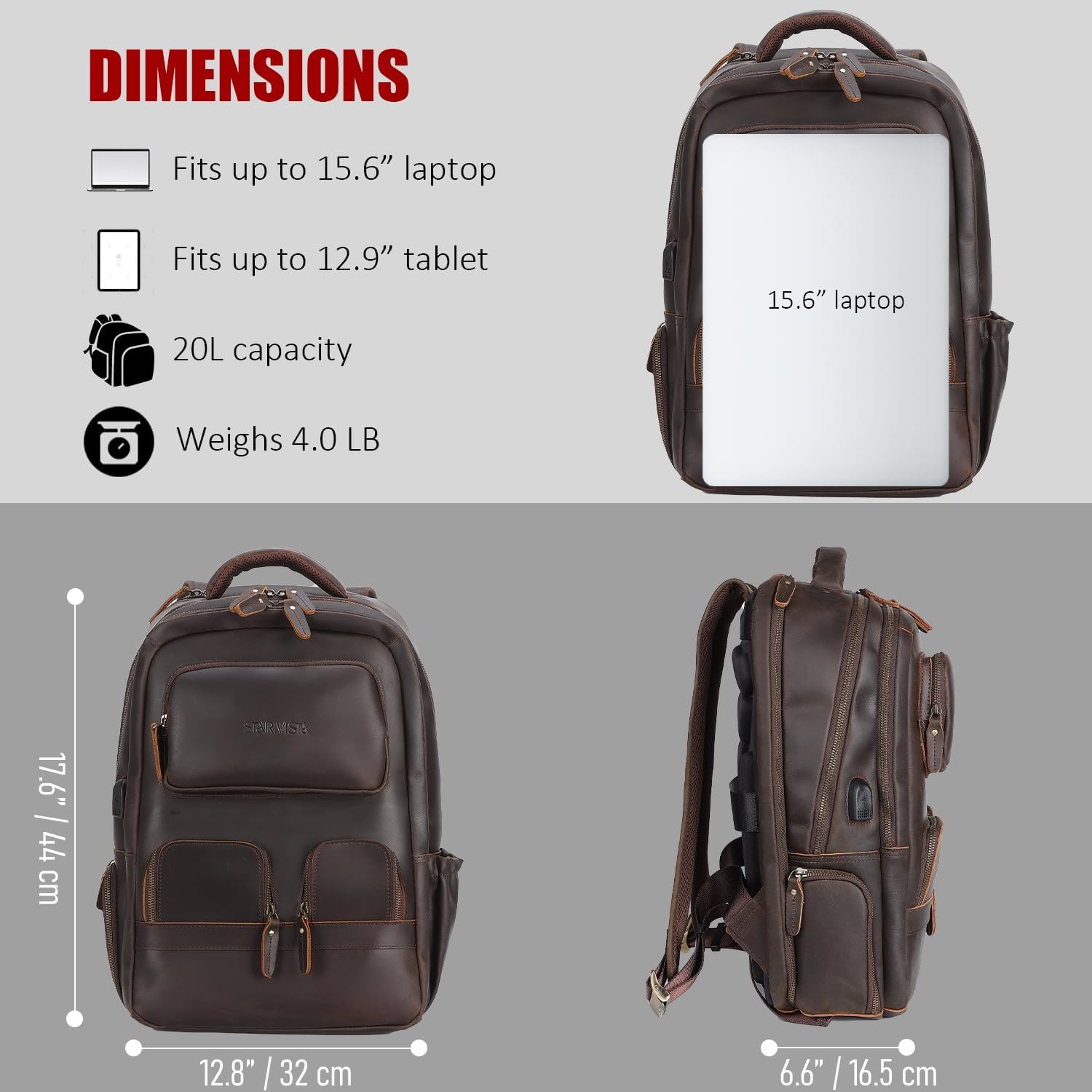 STAR VISTA 15.6" Raphael Vintage Full Grain Leather Laptop Backpack for Men, Multi Pockets, Casual Outdoor Business Travel Rucksack, YKK Zippers, Dark Brown