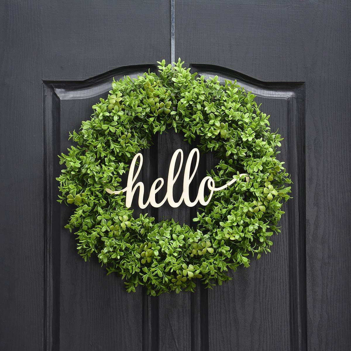 18 Inch Boxwood Wreath Spring Wreath for Front Door Shamrock Wreath Summer Wreath Green Leaves Wreath Hello Wreath Farmhouse Wreath Grapevine Wreath