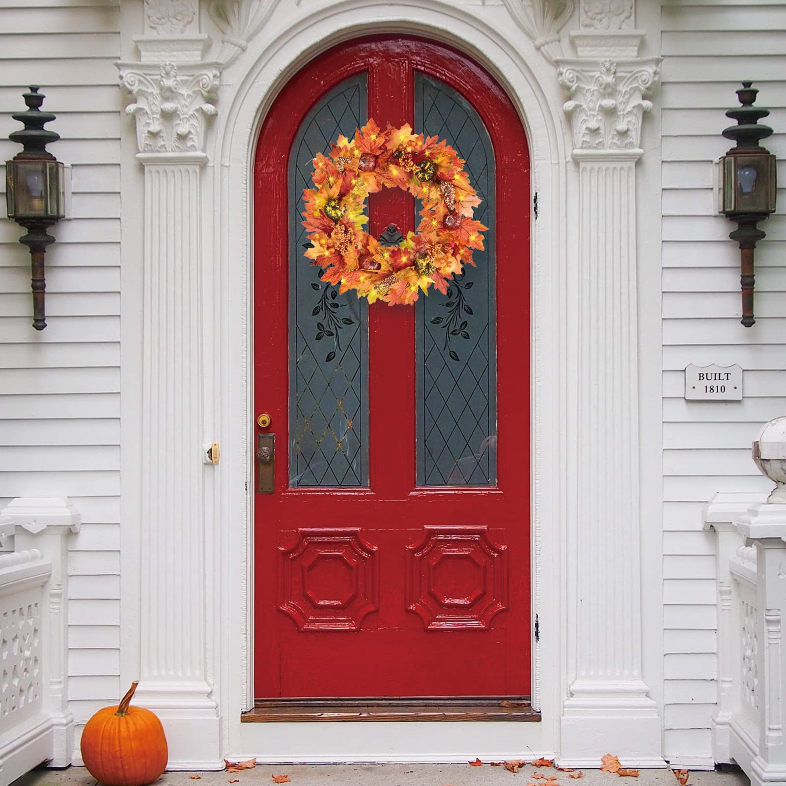 Couronne Automne 40cm Couronne Halloween Porte Guirlande d'automne Artificielle avec Lumières LED Feuilles d'érable et Citrouille Decoration Automne Interieur Exterieur Halloween Thanksgiving Noël