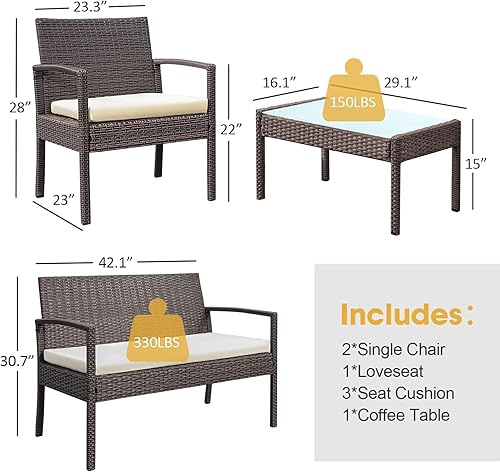 Miniatura 4 de Juego de muebles de patio de 4 piezas, juego de muebles de mimbre para patio, muebles de exterior de ratán PE, juegos de conversación al aire libre,