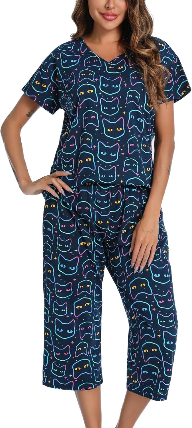 ENJOYNIGHT Womens Pajama Sets Cotton Summer Pjs Tops with Capri Pants Sleepwear