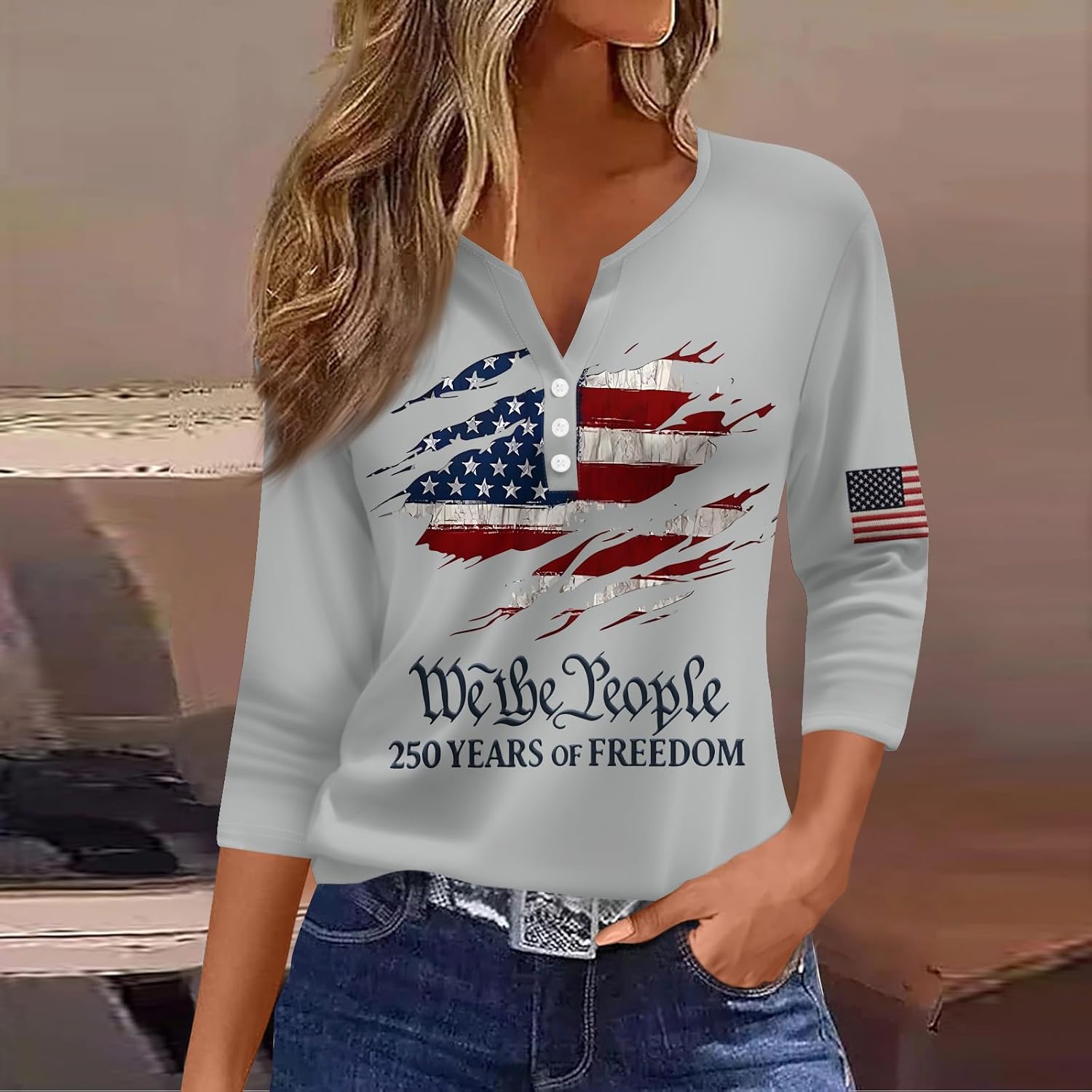 Women's 4Th of July Shirt, 3/4 Sleeve American Flag T-Shirts, Button V Neck Patriotic Tops, S-3XL