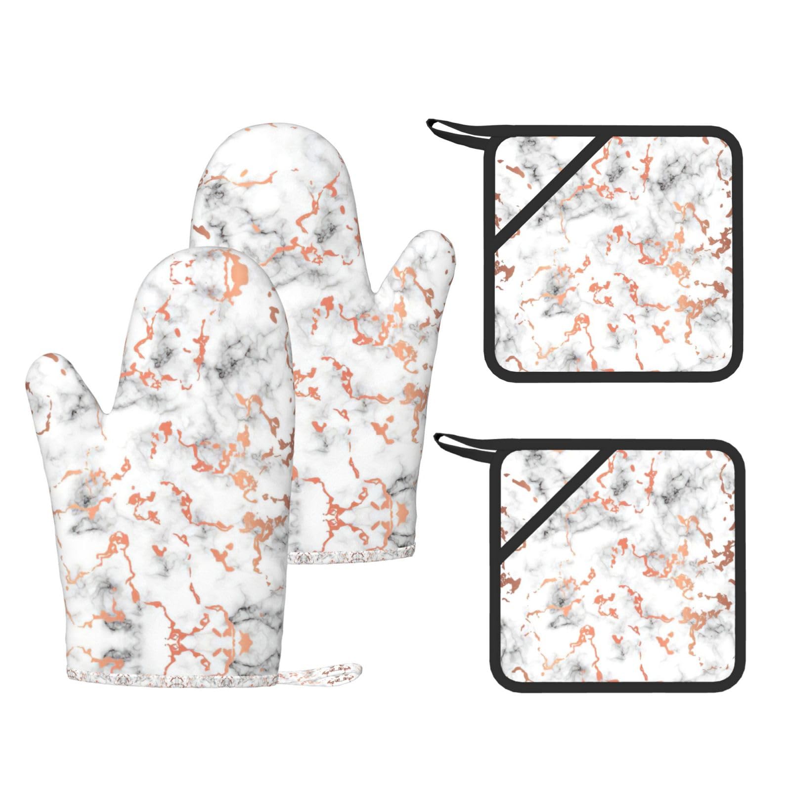 Marble Texture Copper Splatter Printed Oven Mitts and Pot Holders Set of 4, Heat Resistant Silicone Gloves for Baking Grilling