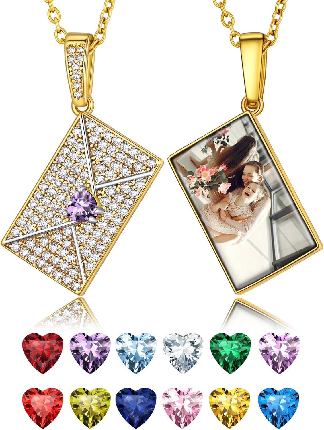 KeyStyle Personalized Envelope Locket Necklace for Women, Custom Love Letter Message Necklaces Birthstone Photo Jewelry Mother's Day Christmas Gift for Fiancee Mom Wife