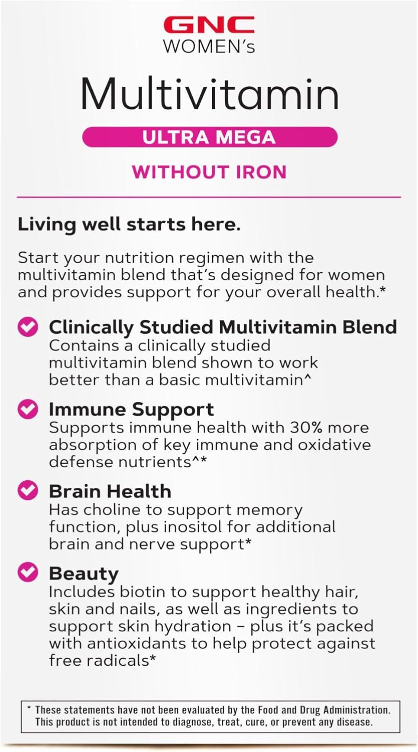 GNC Women's Multivitamin Ultra Mega Without Iron, Daily Vitamin Supplement, Supports Immune, Brain, Hair, Skin & Nails, 180 Caplets