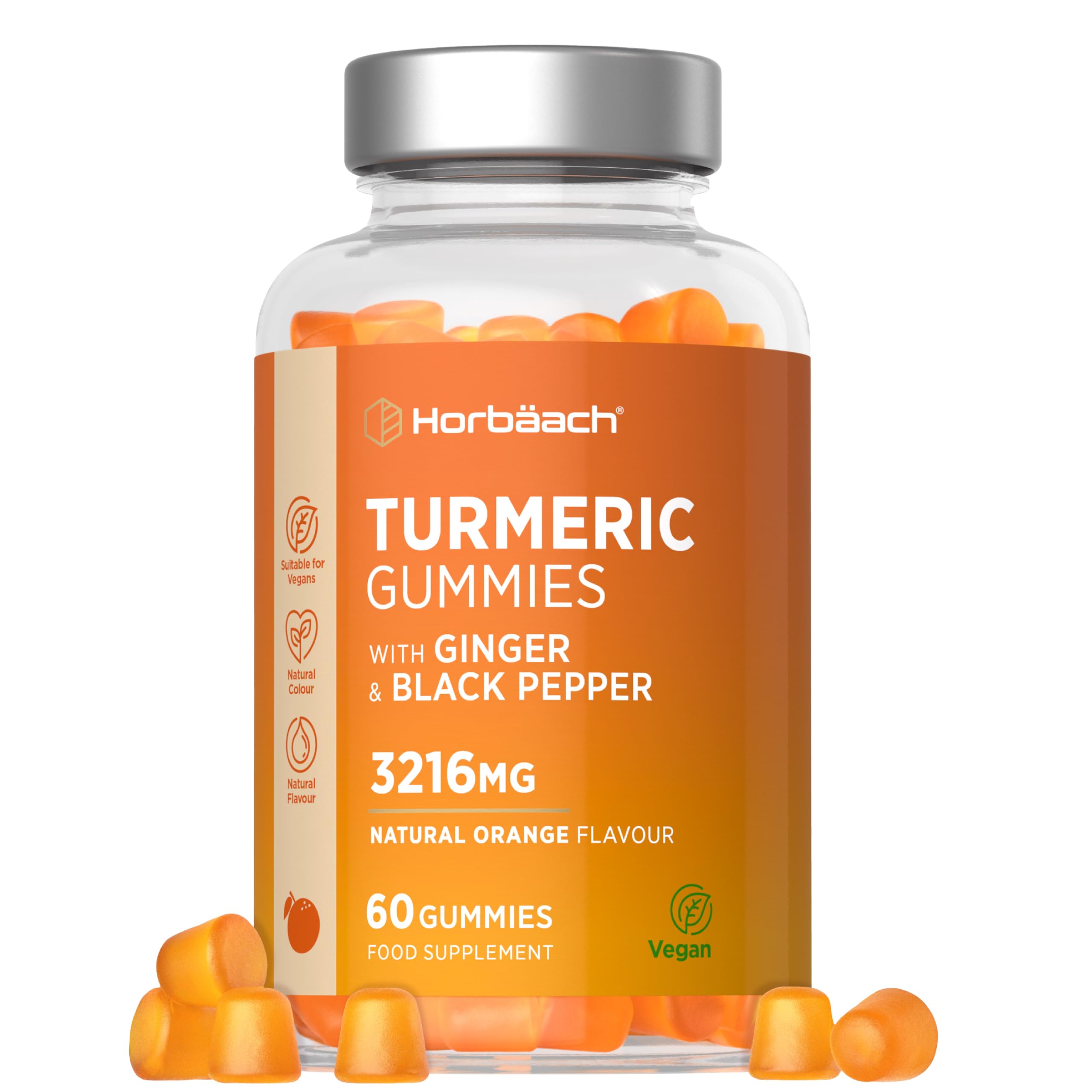 Turmeric Gummies with Ginger & Black Pepper 3216mg | High Strength Curcumin Supplement | 60 Vegan Gummies | Natural Orange Flavour - Tablet Alternative | by Horbaach