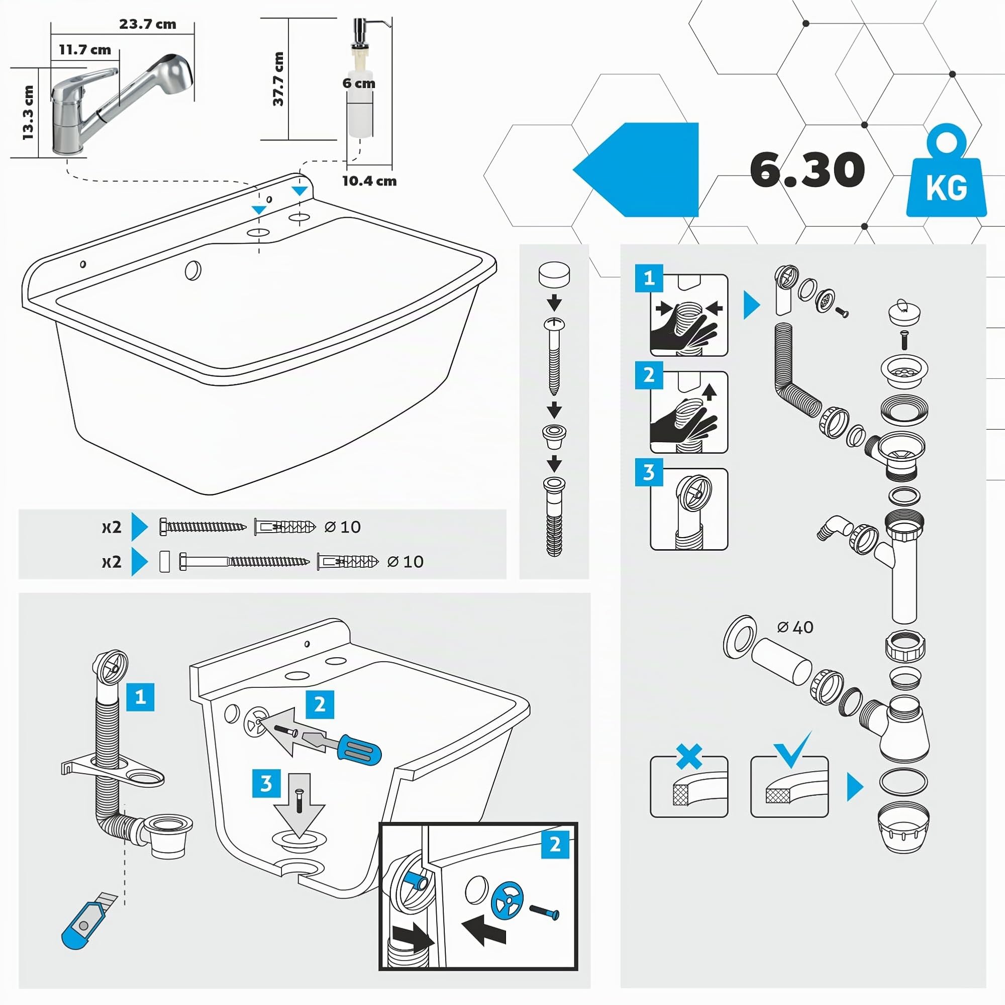 GOSPO Lavabo avec robinet extensible, 61 x 44 x 23,5 cm, bac de lavage avec distributeur de savon, siphon, évier avec accessoires, buanderie, lavabo industriel, blanc
