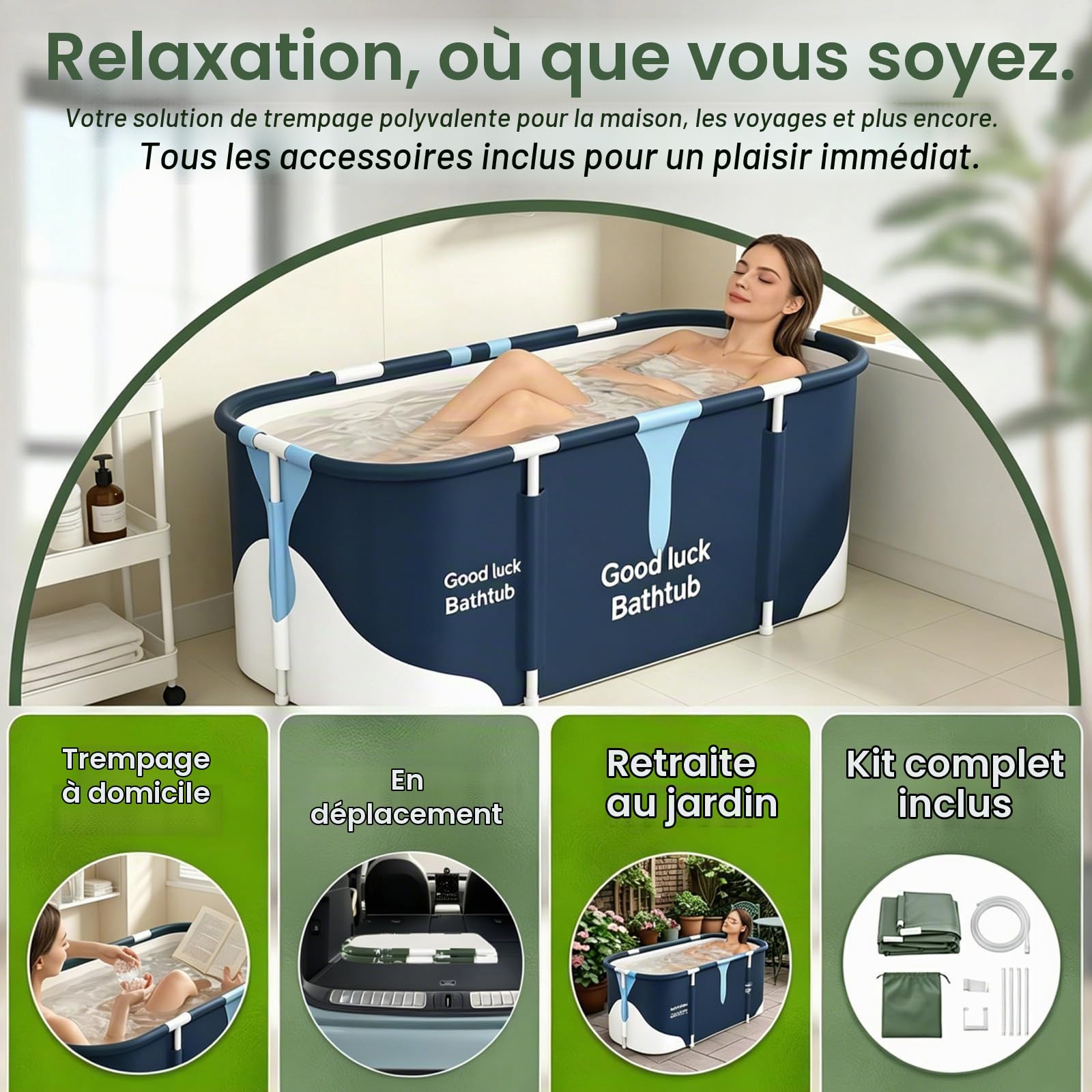 Baignoire portable 140 cm x 60 cm x 55 cm, baignoire familiale pliable pour adultes, baignoire spa pour la salle de bain et la cabine de douche