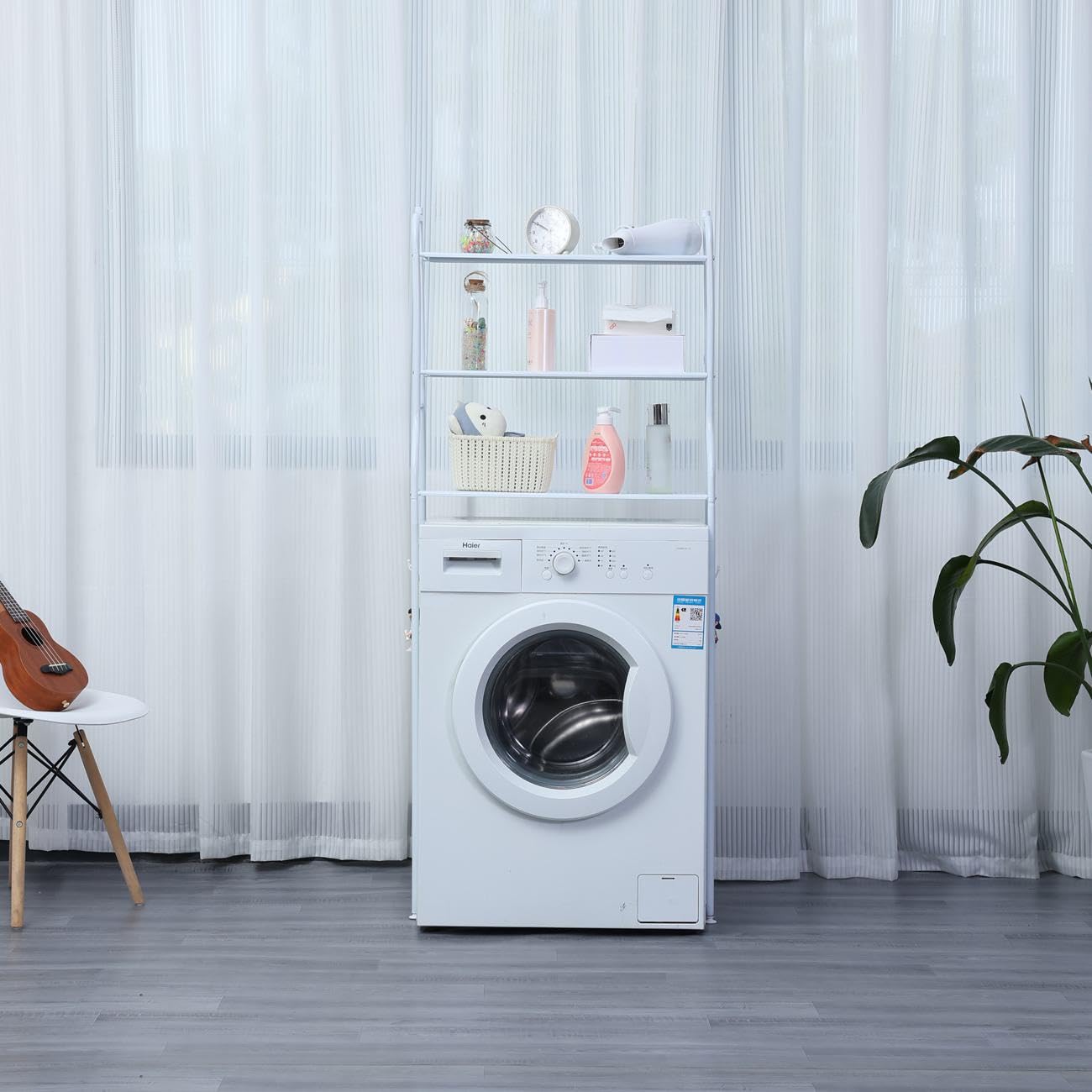 Herzberg HG03282, Ablage 3 Ebenen für Waschmaschine und Badezimmer, Weiß, Einfacher Aufbau, Tragkraft 10 kg pro Ebene, Kohlenstoffstahl, Seitliche Haken, 65x25x122cm.