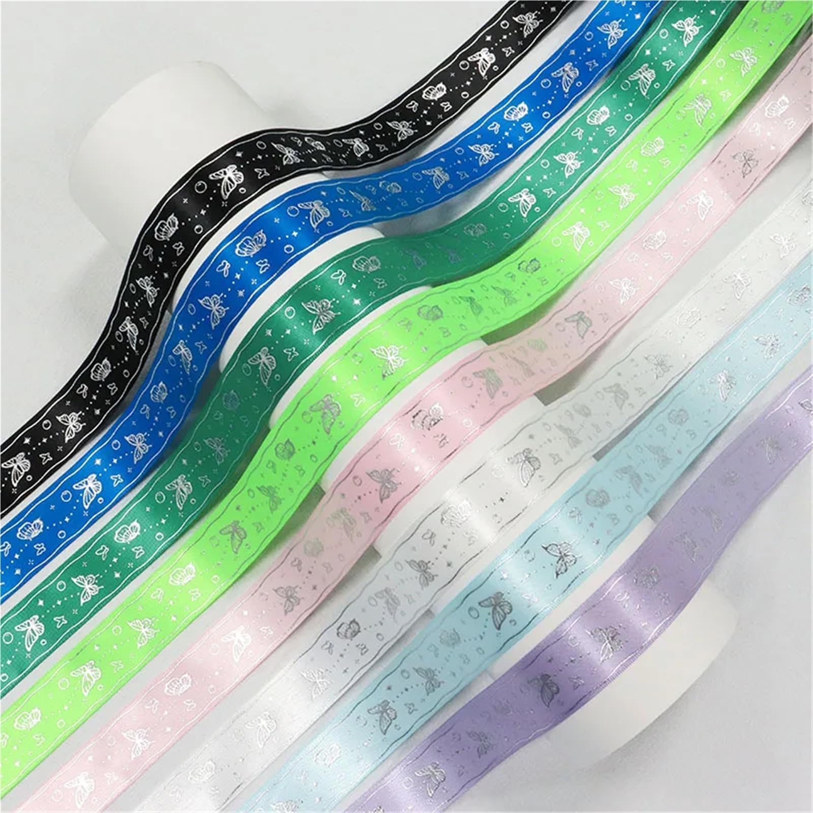 Nastro Con Stampa A Caldo Nastro in raso di poliestere con stampa a farfalla in lamina d'argento oro laser da 1 '' 25 mm for il confezionamento fiori nuziali(Color-11,50Yards)