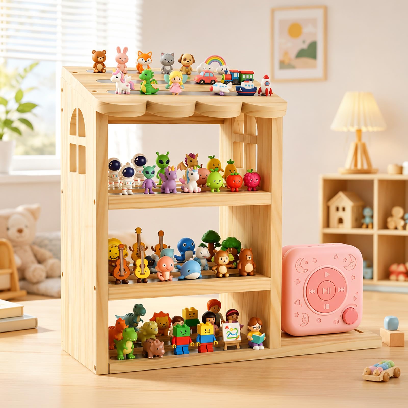 Scaffale magnetico a forma di casa, con 4 ripiani, organizer per 70-80 personaggi, scaffale da parete e mensola da tavolo per cameretta dei bambini, compatibile con scaffale della stazione di