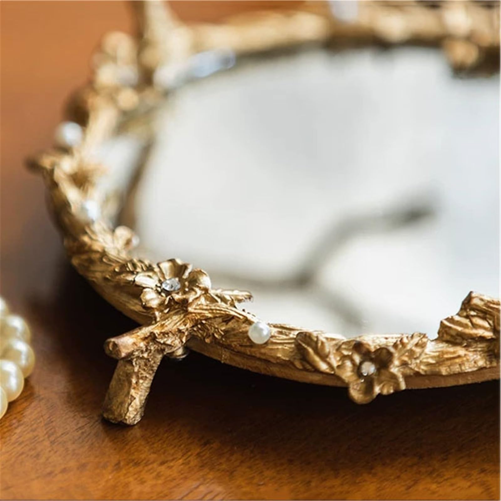 Stojak na biżuterię Vintage Golden Branch Alloy Jewelry Stand with Mirror Tray Stojak na naszyjnik