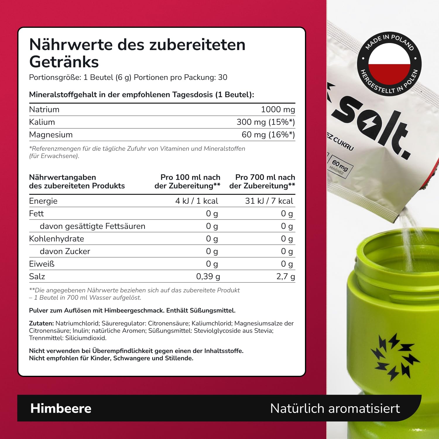 Elektrolyte ohne Zucker - Getränkepulver 30 Sticks Himbeere - 1000mg Natrium, 300mg Kalium, 60mg Magnesium - Elektrolyte Sport & Fitness, Ausdauer, Keto & Low Carb, vegan - Made in Europe by salt.