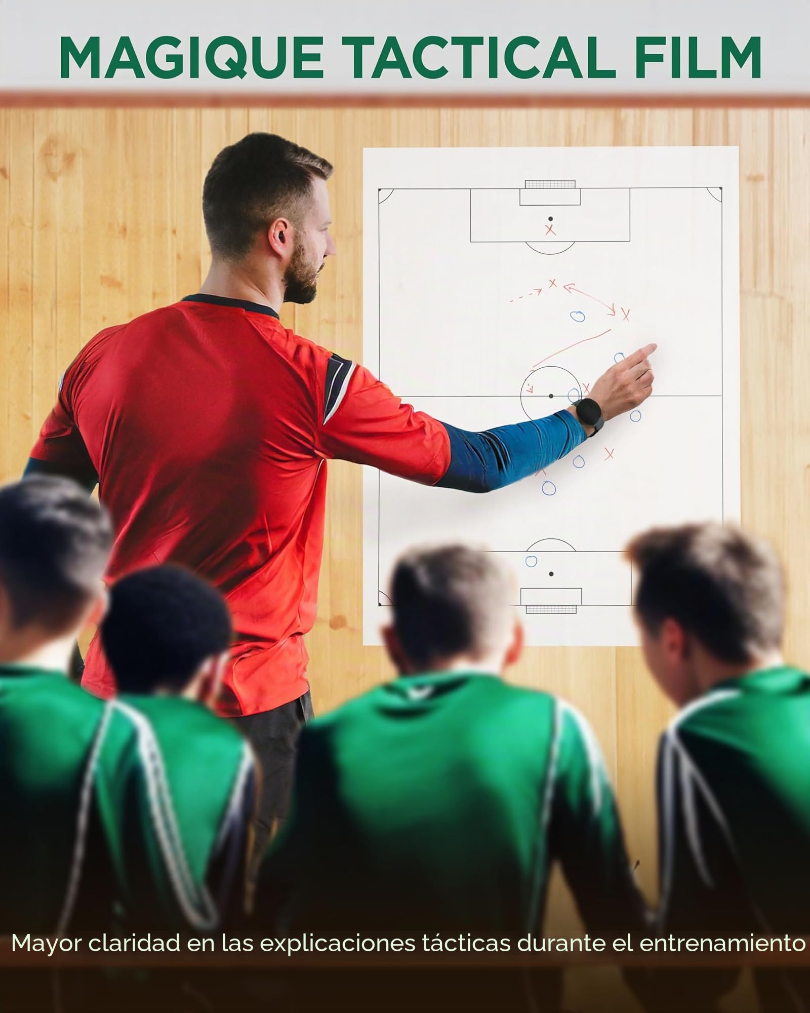 Magique - Pizarra táctica de fútbol autoadhesiva - Lámina táctica estática de fútbol con 25 hojas y 2 rotuladores para pizarra incluidos, se puede limpiar y reescribir, adecuada para todas