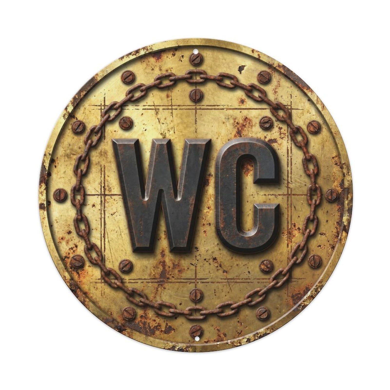 Fqcyn Style Toilet （Wc） Rusty Brass Restroom Shield Metal Tin Sign Plaque Wall Decor For Cafe, Club Bar, Office, Home Garden Round Metal Poster 8X8inch